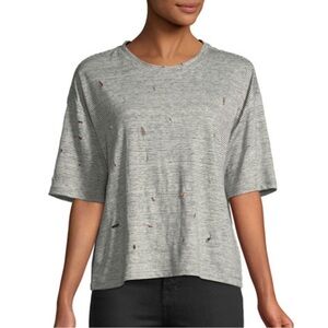 Kendall & Kylie Striped Boxy Distressed Linen T-Shirt